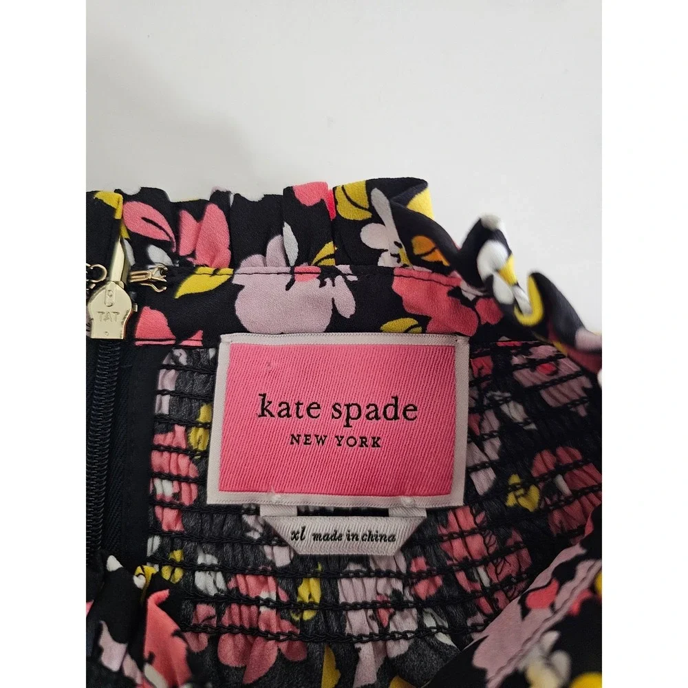 Kate Spade Road Trip Floral Smocked High Neck‎ Drop Waist Mini Dress Black XL